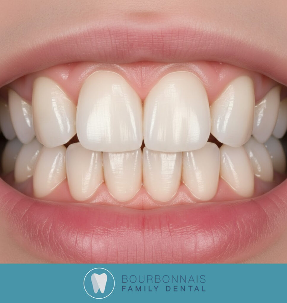 Close-up of a healthy smile showing straight white teeth and pink gums.